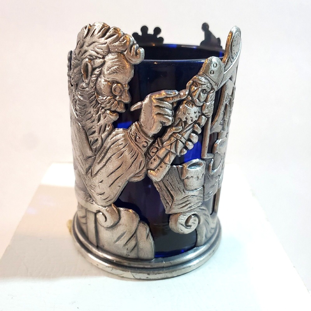 ROC Pewter Santa Christmas Votive Candle Holder w/Cobalt Glass Liner 3" Taiwan